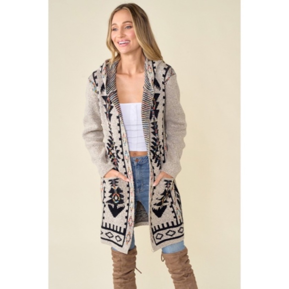 SOLD OUT Oatmeal Aztec Rainbow Western Hooded Knit Cardigan Long Sleeve Open - Picture 8 of 14